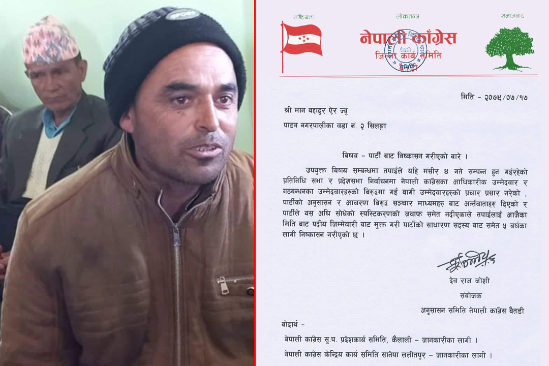 बैतडी कांग्रेसले धमाधम कारवाही थाल्यो, पाटन सभापति ऐर पार्टीबाट निष्कासित 